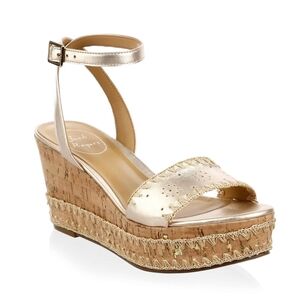 Jack Rogers Lennon Wedge Gold Size 8 Ankle-Strap Whipstitch Platform Cork